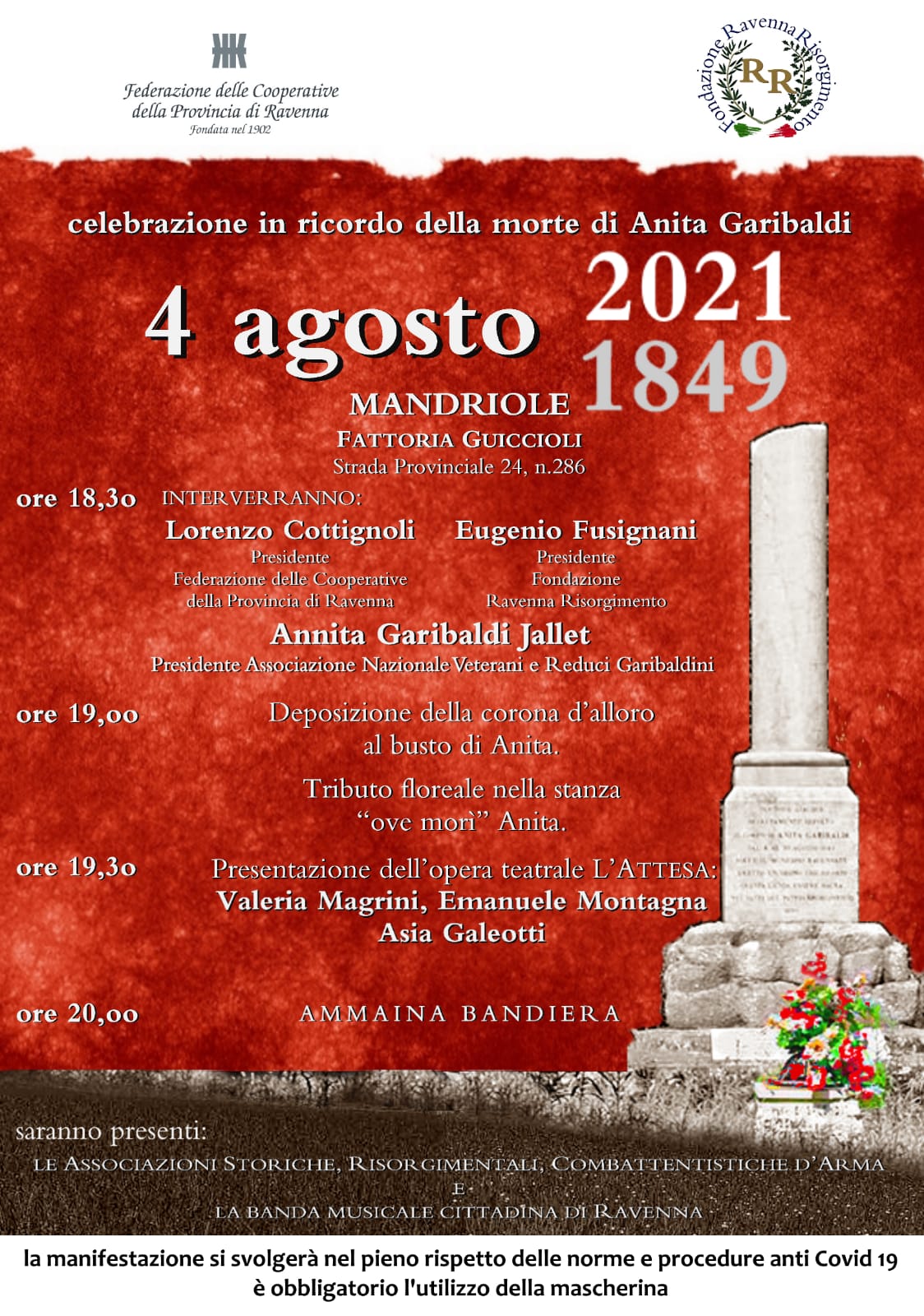 4 agosto 1849 - 4 agosto 2021 - Celebrazione in ricordo della morte di Anita