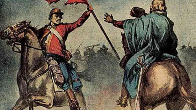 Ricciotti Garibaldi consegna al padre la bandiera del 61° Pomeriana catturata il 23 gennaio 1871 a Digione.